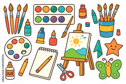 Vector set of creative tools for painting, drawing and crafts. School education concept with easel, paint, brushes, sketchbook, scissors and glue. Cartoon illustration.