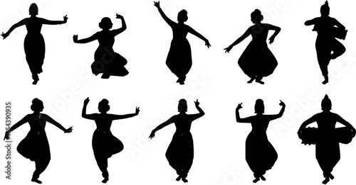 Detailed black and white vector silhouette of Bharatanatyam dancer