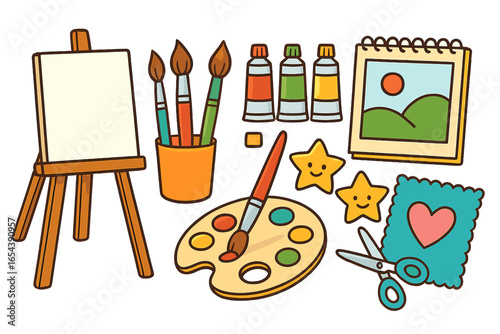 Art supplies set for creativity. Vector illustration of painter tools. Easel, canvas, paint, brushes, palette, sketchbook. Kids craft and hobby concept. Cartoon drawing icons.