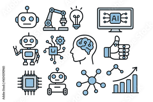 Set of robotics and artificial intelligence icons. Vector symbols for technology, innovation, and future automation. Includes robot, AI brain, cyborg hand, and growth chart.
