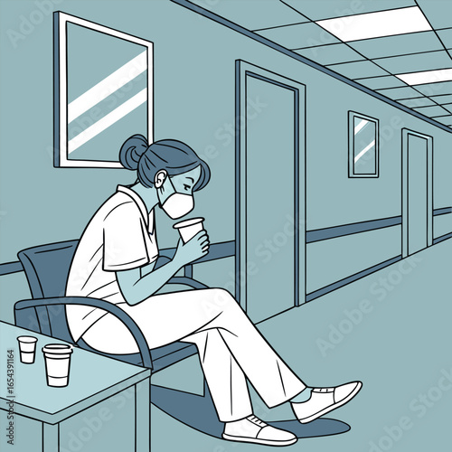 Tired nurse sitting in breakroom during long shift generated by ai