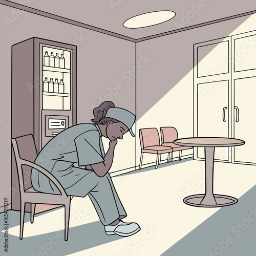 Tired nurse sitting in breakroom during long shift generated by ai