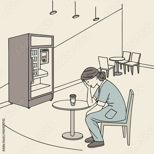 Tired nurse sitting in breakroom during long shift generated by ai