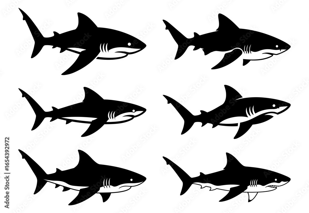 Fototapeta premium Black shark icons. Black shark silhouettes isolated on white background. Vector illustration.