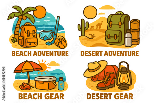 Beach and desert adventure gear set. Outdoor travel and tourism concept. Vacation icons for summer holiday and desert safari. Camping, hiking and snorkeling equipment.