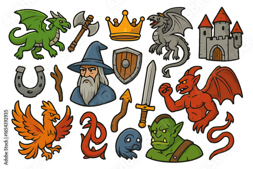 Fantasy icon set vector cartoon collection. Mythical creature, medieval element. Dragon, wizard, orc, demon, phoenix, castle, sword, crown. RPG game assets sticker pack.