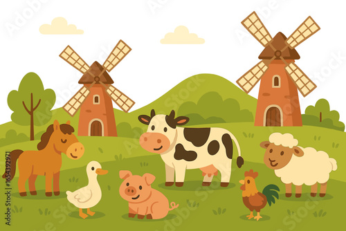 Cute farm animals in countryside landscape. Cartoon vector illustration with cow, horse, sheep, pig, rooster, duck and windmill. Agriculture and rural life concept.