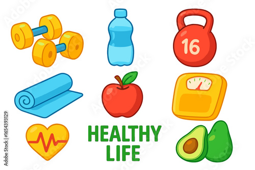 Fitness and health vector icon set. Healthy lifestyle concept with sport equipment and diet food. Dumbbell, water, kettlebell, yoga mat, apple, avocado, scales. Cartoon.