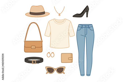 Woman's casual chic fashion outfit flat lay. Vector illustration of clothing and accessories set. Blue jeans, t-shirt, high heels, hat, bag, sunglasses and jewelry.