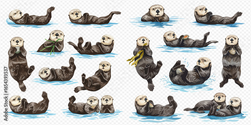 A charming collection of hand-drawn sea otters in various playful poses, swimming and floating in the water.
