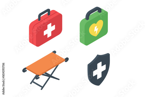 Isometric first aid icon set. Vector of emergency medical equipment. Defibrillator for cardiac arrest, first aid kit, stretcher, and medical safety shield symbol.