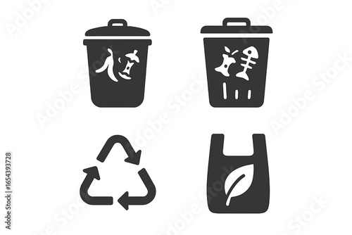 Food waste vector icon set. Organic garbage bin, trash can, compost pictogram. Recycling symbol, biodegradable bag. Ecology, sustainability, environment solid glyph collection.