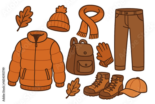 Fall outdoor clothes set. Autumn hiking and travel gear. Vector collection with jacket, boots, scarf, hat, gloves, backpack. Warm clothing essentials for cold weather.