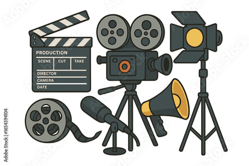 Film production equipment set. Movie making tools. Vector icons of vintage camera, clapperboard, spotlight, microphone, film reel, megaphone. Cinema industry elements.
