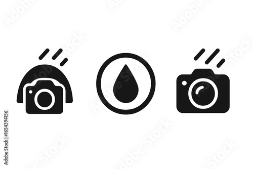 Photography icons solid glyph set. Camera with rain cover for weather protection. Water drop logo. Photo equipment symbol. Vector illustration for outdoor, nature shooting.
