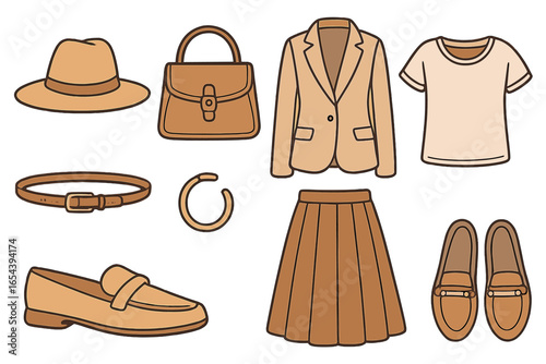 Women's fashion clothes set. Classic autumn outfit. Business casual look with blazer, skirt, loafers, and accessories. Vector illustration flat lay of a capsule wardrobe.
