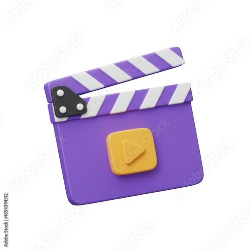 3d purple clapperboard isolated on transparent background