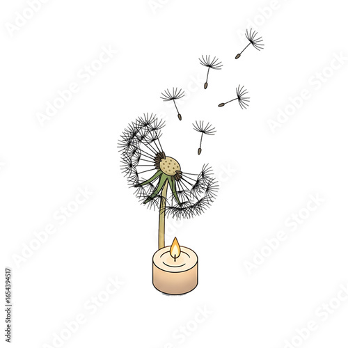 Candle with dandelion seeds, symbolizing hope, prayer, and remembrance.
