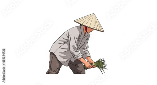 Farmer vector illustration working in rice field agriculture