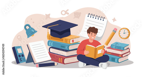 Illustration showcasing student learning with books and academic accessories around