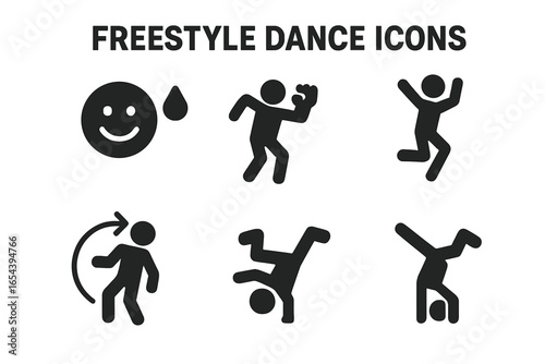 Freestyle dance icon set. Solid glyph pictograms of breakdance and hip hop moves. Vector silhouettes of a dancer jumping, spinning, doing a handstand freeze, and a fist pump.