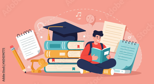 Illustration depicting a student immersed in education with books and graduation hat