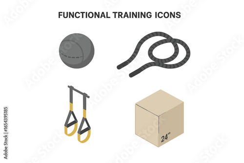 Functional training isometric icon set. Gym workout equipment: medicine ball, battle rope, suspension trainer, plyometric box. Fitness, crossfit vector elements illustration.