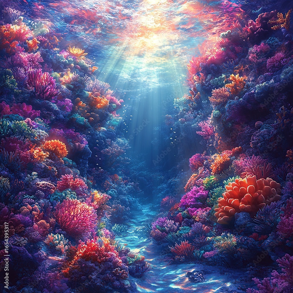 Fototapeta premium A vibrant illustration of an underwater coral reef teeming with marine life, but with no animals present.