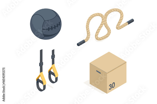 Functional training gym equipment icon set. Isometric vector illustration of workout tools: medicine ball, battle rope, suspension straps, plyometric box for crossfit.