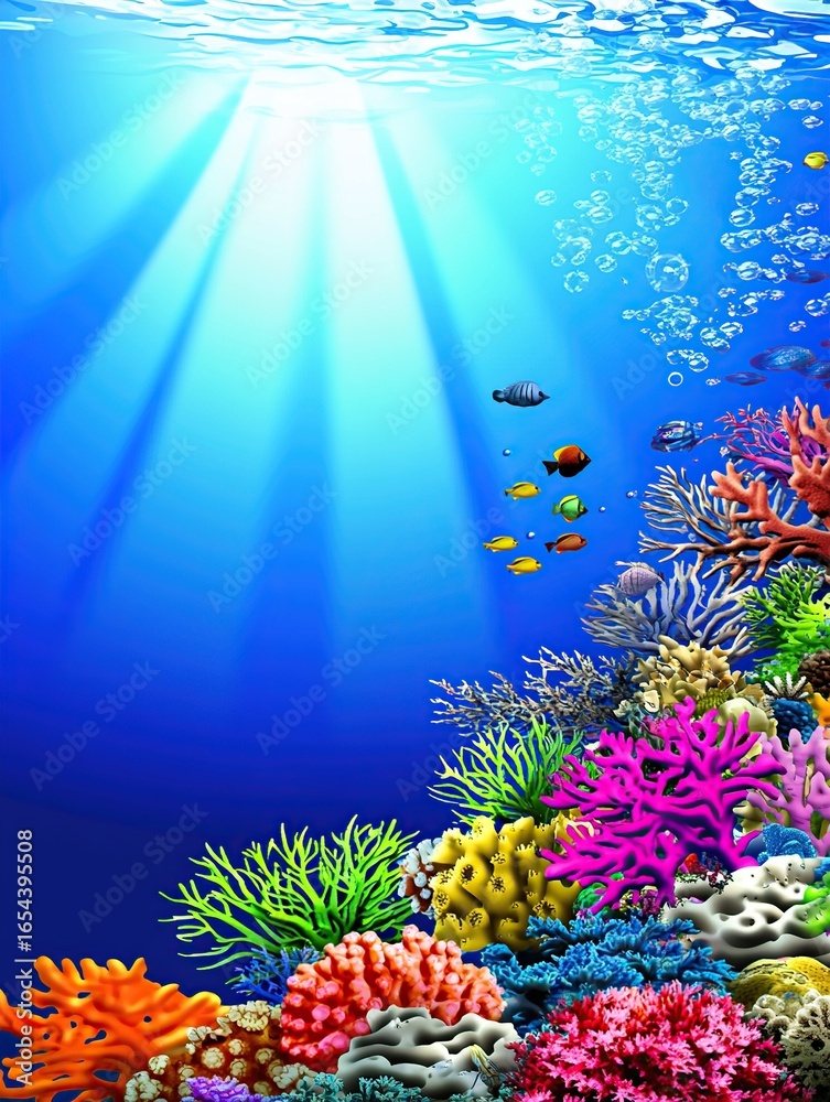 Obraz premium A vibrant illustration of an underwater coral reef teeming with marine life, but with no animals present.
