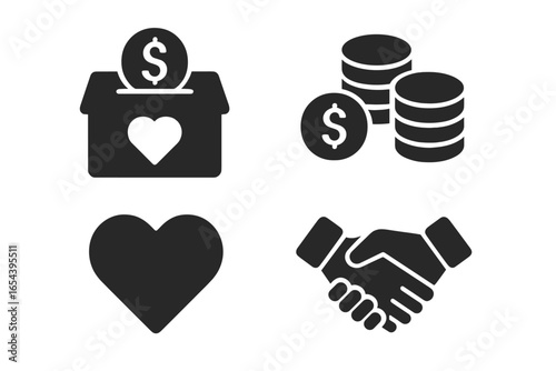 Fundraising and charity solid icon set. Vector glyph symbols for donation, funding, and support. Includes donation box, money coins, heart, and handshake for teamwork.