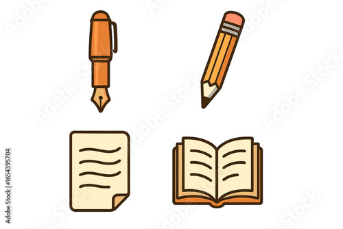 Classic writer and reader icon set. Fountain pen, wood pencil, paper sheet, and open book icons. Concept for education, school, knowledge, literature, study. Vector cartoon.