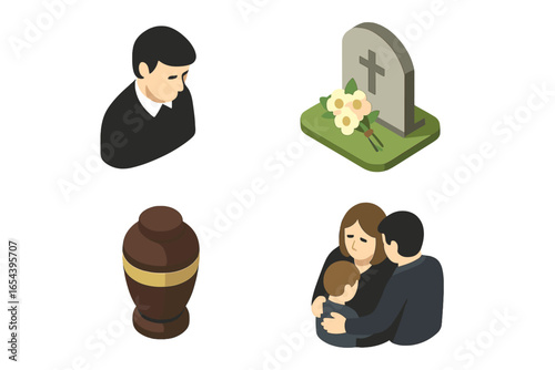 Funeral remembrance isometric icons. Grieving family comforting child, sad mourner, tombstone with flowers, cremation urn. Concept of death, loss, grief, burial, cemetery.