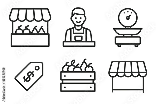 Fruit market icons. Outline icon set of a farmer's market scene. Fruit stand, vendor, scale, price tag. Local food stall, grocery, fresh produce. Small business concept vector.