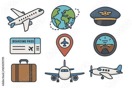 Air travel icon set vector cartoon collection. Aviation flight symbols including airplane, pilot hat, globe, destination pin, boarding pass, luggage, and navigation instrument.