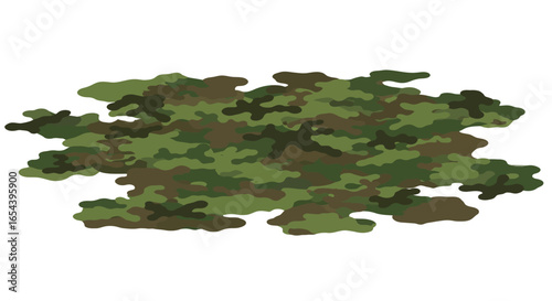 A camouflage pattern with blended shades of green and brown creates a mottled irregular surface
