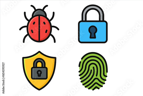 Cybersecurity icon set. Vector cartoon illustration. Security concepts including software bug, lock for privacy, shield for protection and fingerprint for biometric authentication.