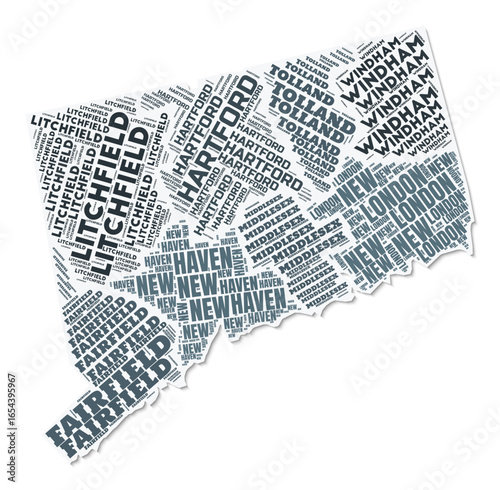 Connecticut shape text cloud. State border with shadow on white background. Connecticut with counties division in vintage gazette style. Amazing vector illustration.