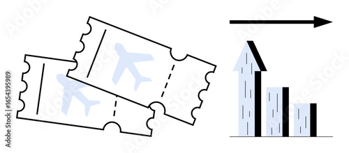Two airline tickets alongside a bar chart with an upward arrow indicating progress or growth. Ideal for travel planning, aviation, tourism growth, market analytics, business strategy, economic