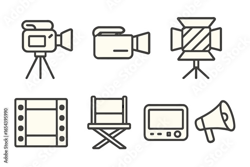 Film production icon set. Movie making equipment symbols. Vector illustration of a camera, director chair, lighting, filmstrip, monitor, and megaphone. Cinema industry elements.