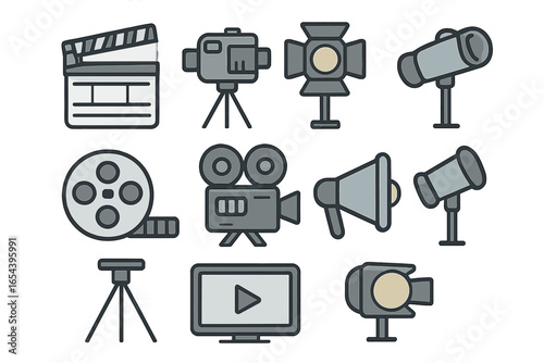Film production icon set. Movie making equipment collection. Vector illustration of camera, clapperboard, lighting, film reel, tripod. Cinema and video graphic symbols.