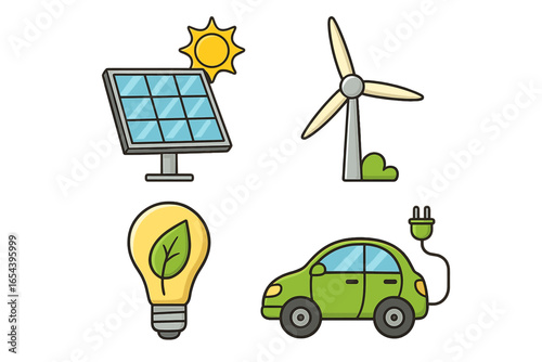 Renewable energy sources and eco-friendly practices vector illustration. Cartoon solar panel, wind turbine, electric car, green light bulb icon for sustainable living, clean energy, environment
