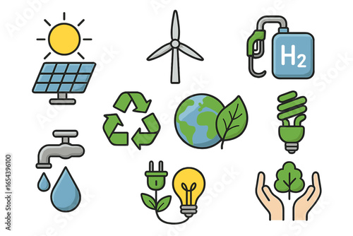 Renewable energy icons set, solar power, wind turbine, hydrogen fuel, recycling, water conservation, eco light bulb, sustainability practices, green technology, earth environment vector illustration