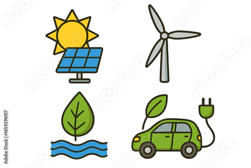 Renewable energy icons set. Solar panel, wind turbine, hydro power, electric car, green energy, eco transport, sustainability, environmental conservation. Clean technology vector illustration.