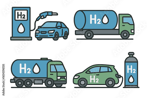 Hydrogen fuel for vehicles. H2 refueling station, tanker truck transport, and storage tank icons. Green energy concept. Eco friendly, zero emission alternative technology.