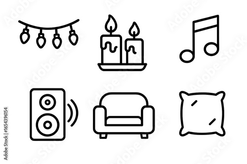 Game night icons. Outline icon set for cozy ambiance. Vector illustration of fairy lights, candles, music note, speaker, comfy sofa, throw pillow. Home party concept design.