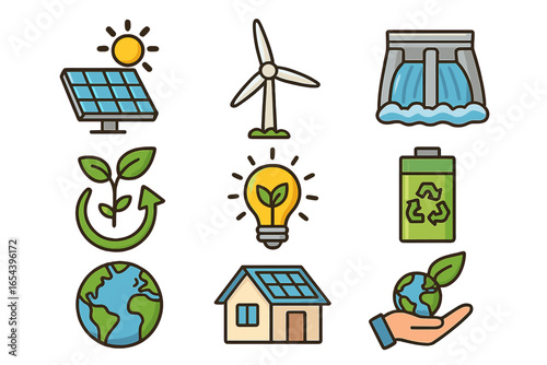 Renewable energy icons set—solar panel, wind turbine, hydroelectric dam, green recycling, earth, ecological house, sustainable power, innovation, clean technology, eco conservation vector illustration