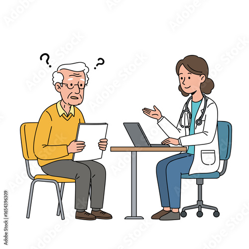 Elderly man in conversation with a doctor about memory loss and dementia for healthcare education and awareness workshops
