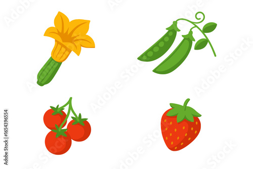 Garden produce icon set with zucchini blossom, pea pods, cherry tomatoes, and strawberry. Fresh vegetable and fruit vector illustrations for healthy food, gardening, and harvest concepts.