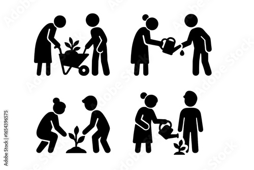 Intergenerational gardening icon set. Seniors and youth collaborate on a community garden project. People planting, watering. Vector pictogram with stick figures and wheelbarrow.
